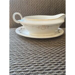 Edwin Knowles Gravy Boat & Plate Adams Gold‎ Swag Design Vintage 1940s